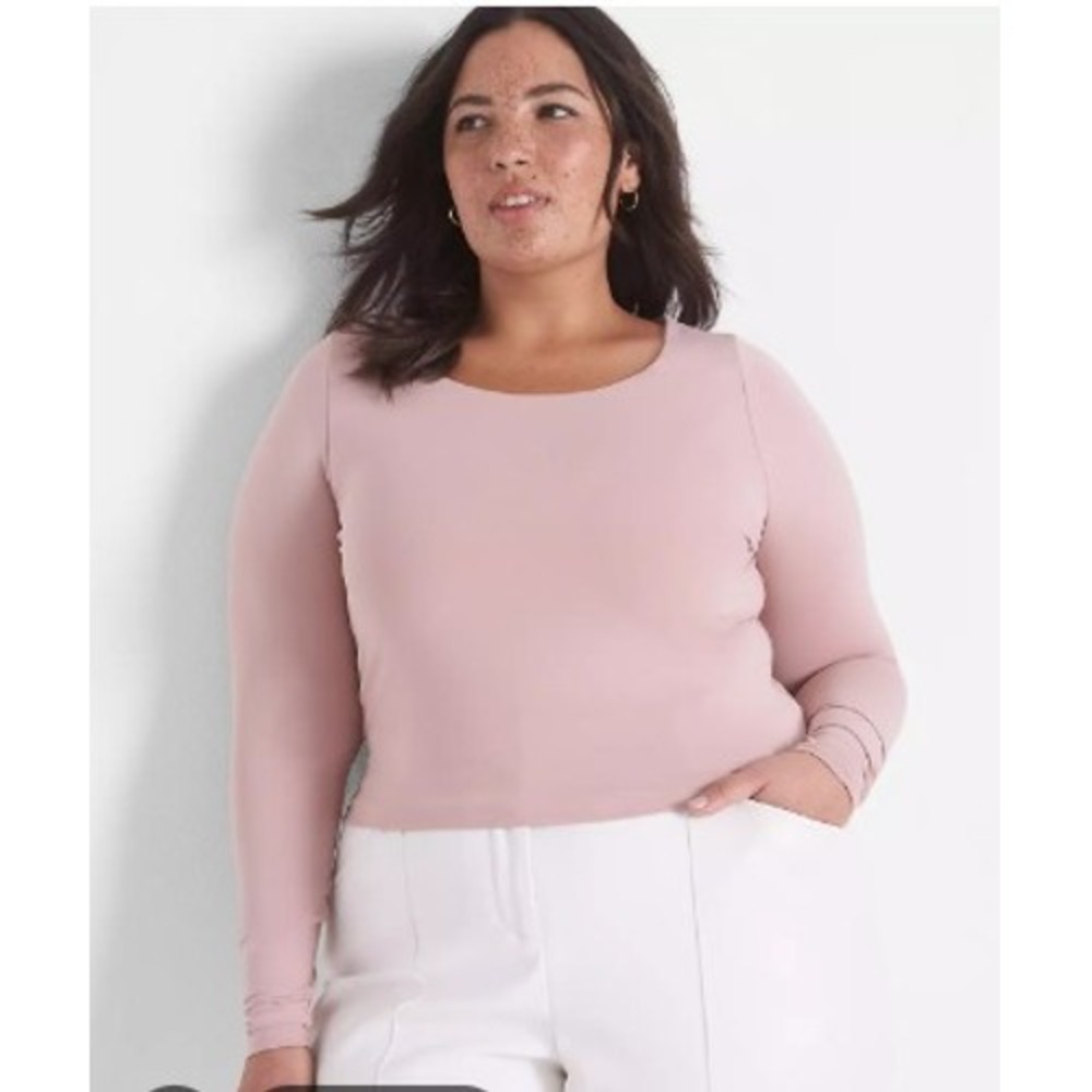 Lane Bryant Top Womens 18/20 Pink Fitted Long Sleeve Scoop Neck Cropped Stretch